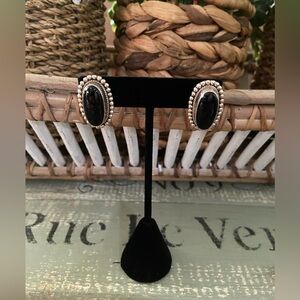 Taxco Onyx Stone Silver Oval Stud Earrings